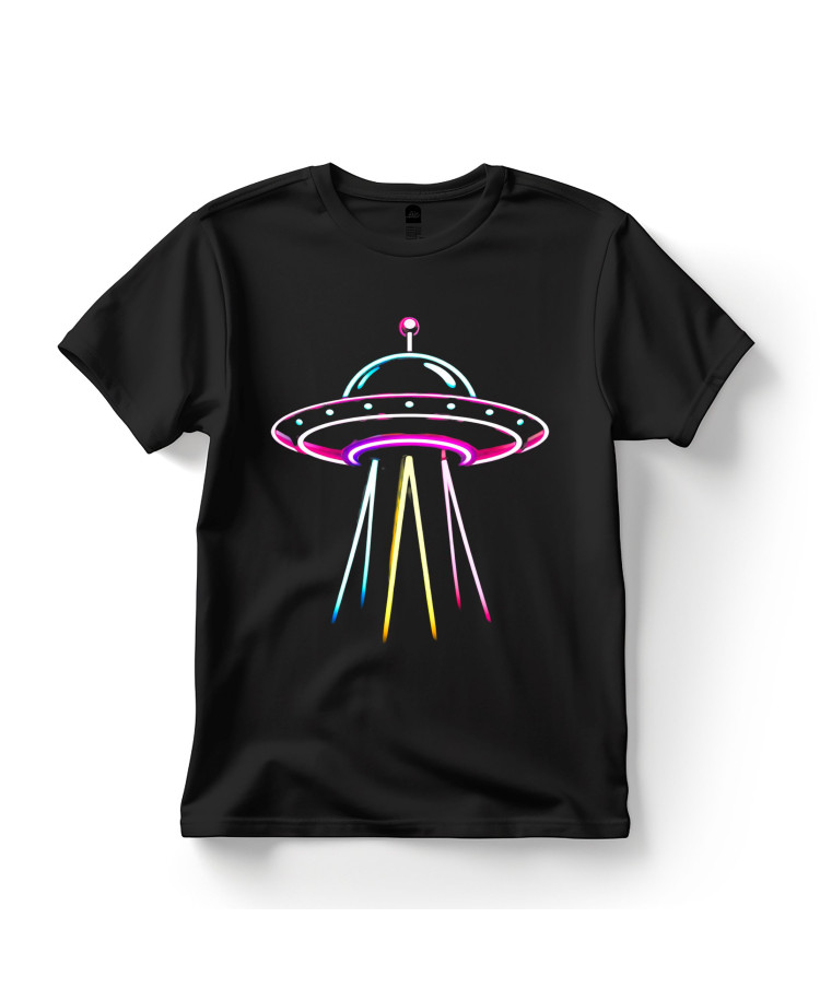 Neon UFO – Multicolor Beam Sci‑Fi T‑Shirt
